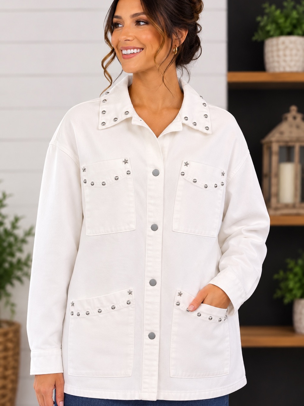 White Stud-Trimmed Utility Jacket - Women